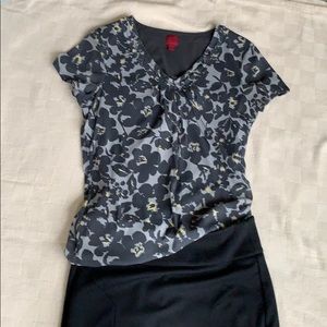 212 Collection Shirt Cap Sleeves Grey & Yellow Floral Print SP